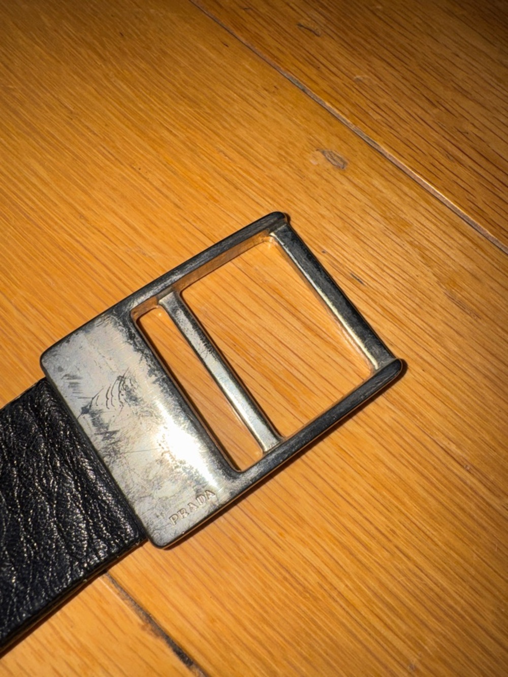 Prada Black Leather Belt with Silver-Tone Rectangular Buckle